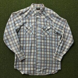 Vintage 80s Sears Western Wear Plaid Pearl Snap Cotton Button Down Flannel Shirt